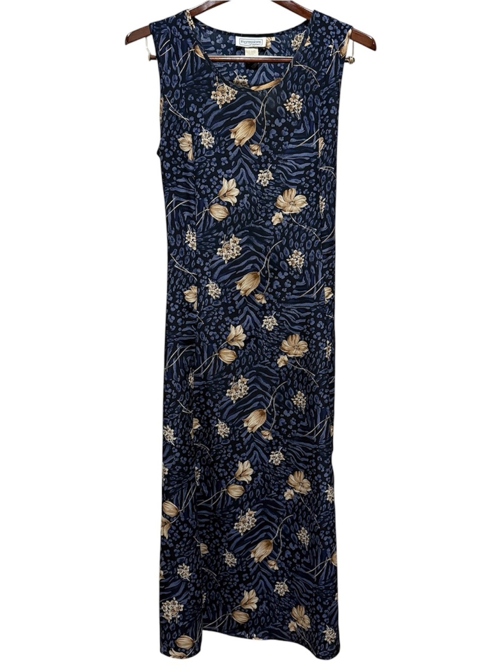 Impressions of California Vintage 90s Maxi Dress Women L Navy Blue Floral